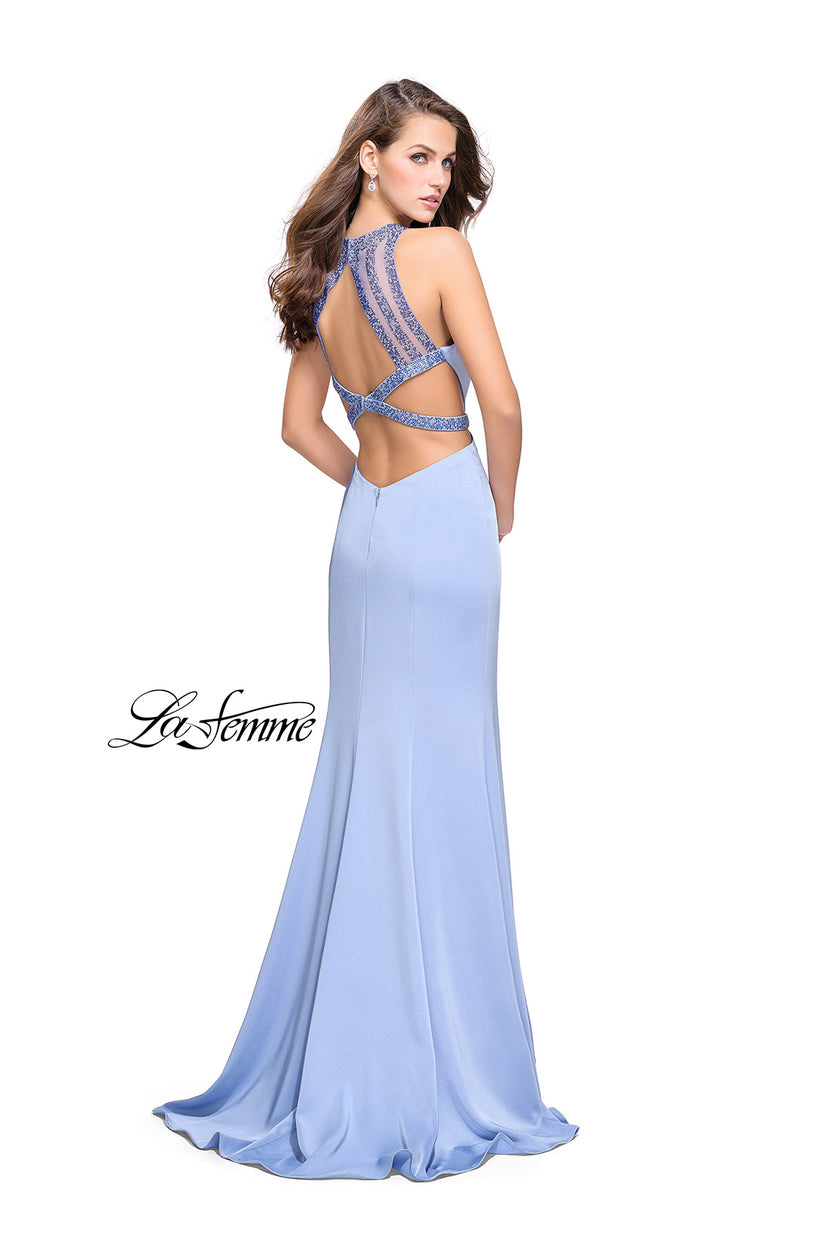 Picture of: Beaded Form Fitting Long Prom Dress with Leg Slit in Cloud Blue, Style: 26129, Back Picture