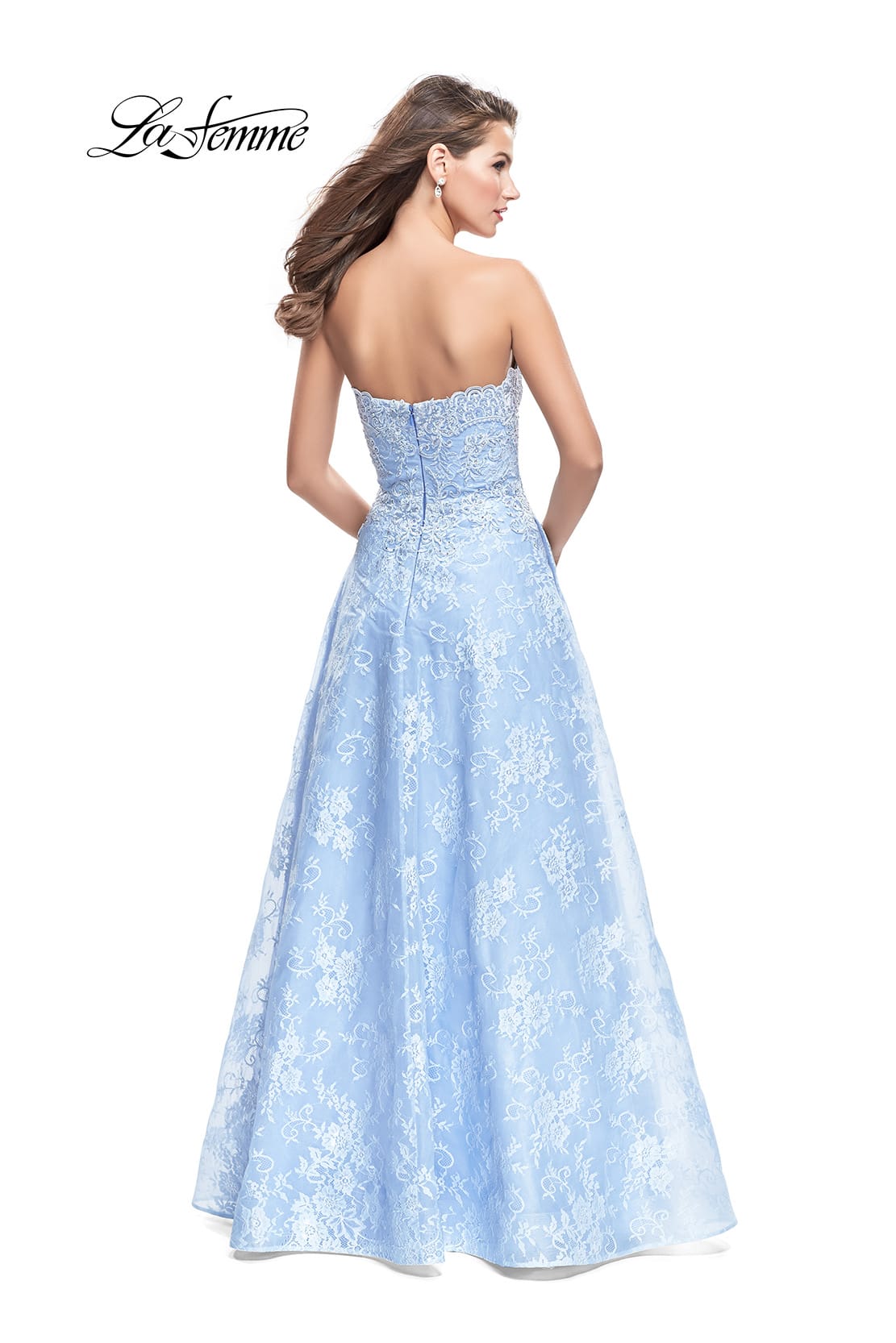 Picture of: Long Strapless Lace Ball Gown with Beading and Pockets in Cloud Blue, Style: 26338, Back Picture