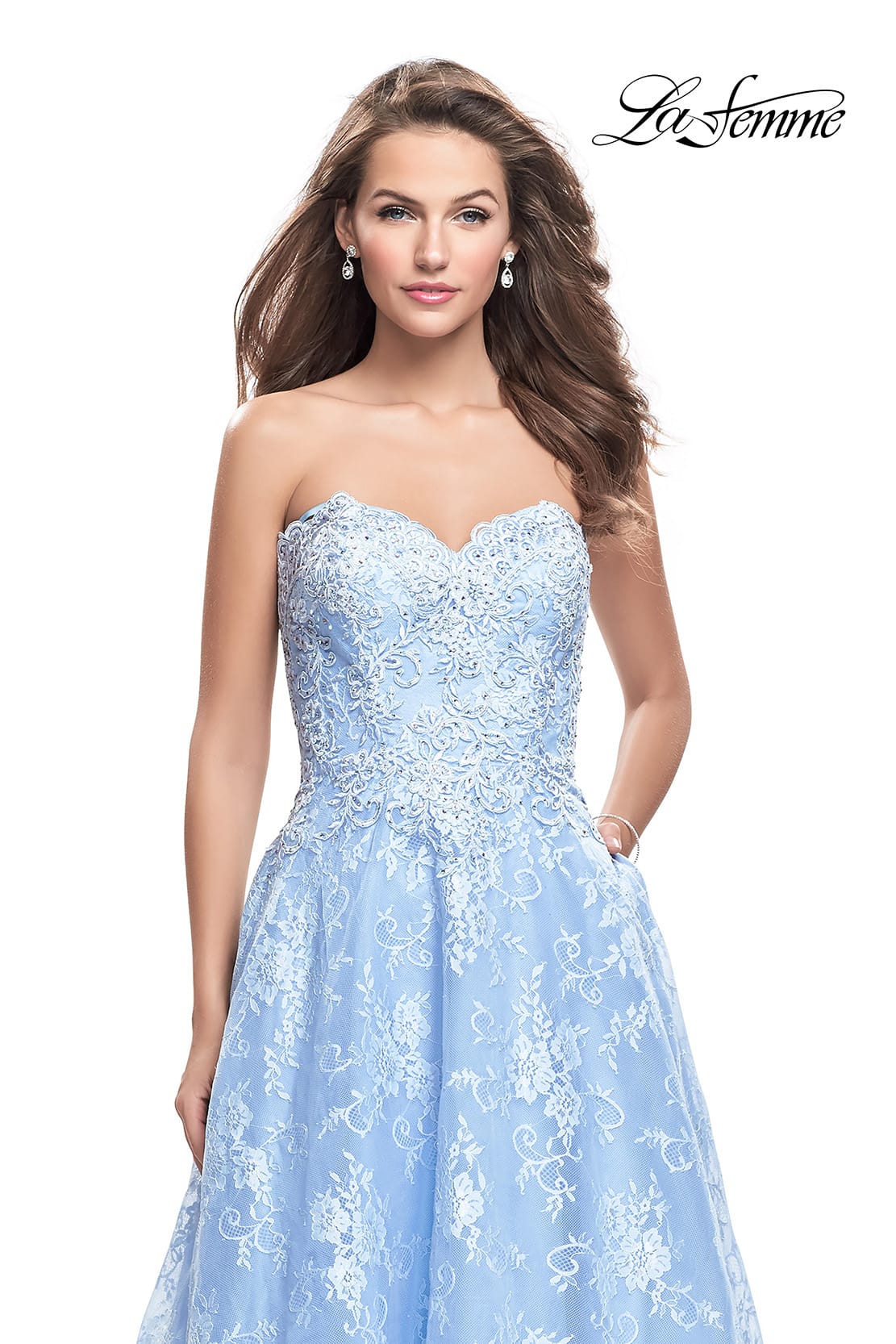 Picture of: Long Strapless Lace Ball Gown with Beading and Pockets in Cloud Blue, Style: 26338, Detail Picture 2