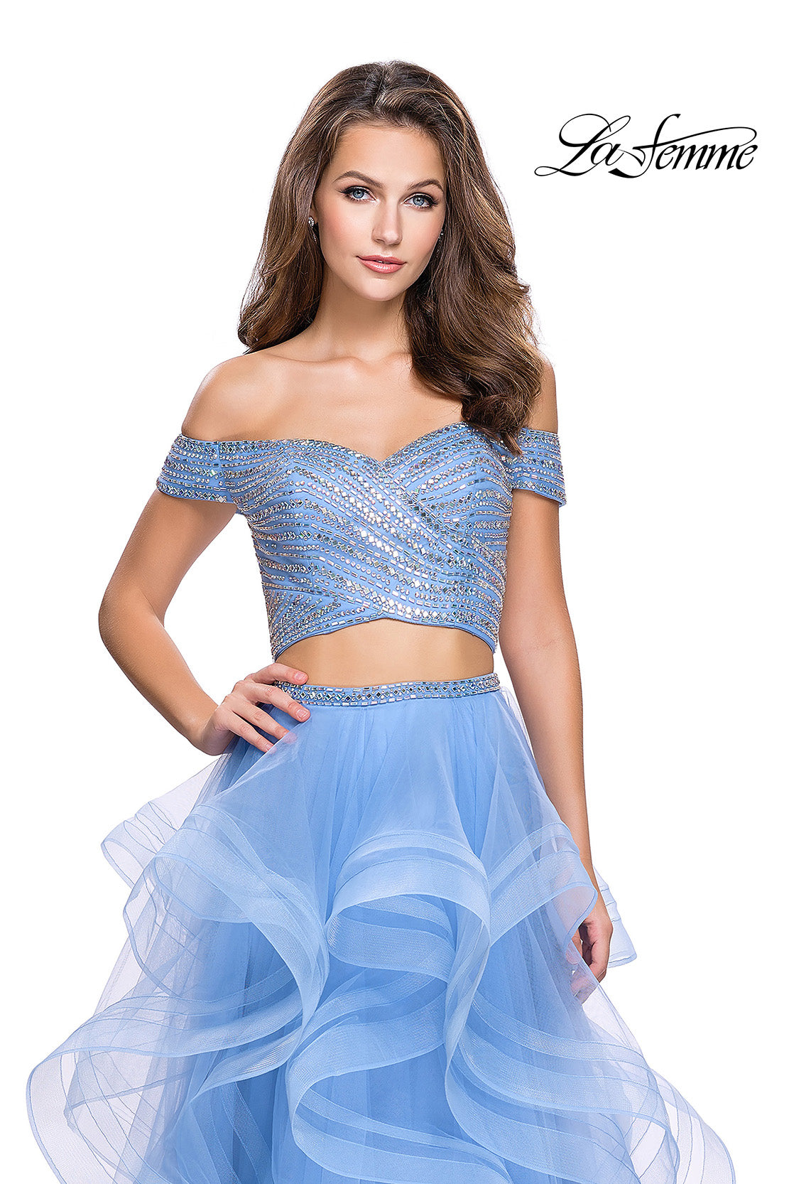 Picture of: Off the Shoulder A-line Gown with Ruffle Tulle Skirt in Cloud Blue, Style: 26169, Detail Picture 2