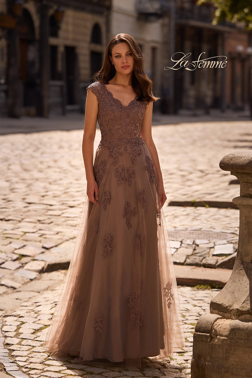 Picture of: Short Sleeve Lace Gown with Cascading Embellishments, Style: 26942, Main Picture