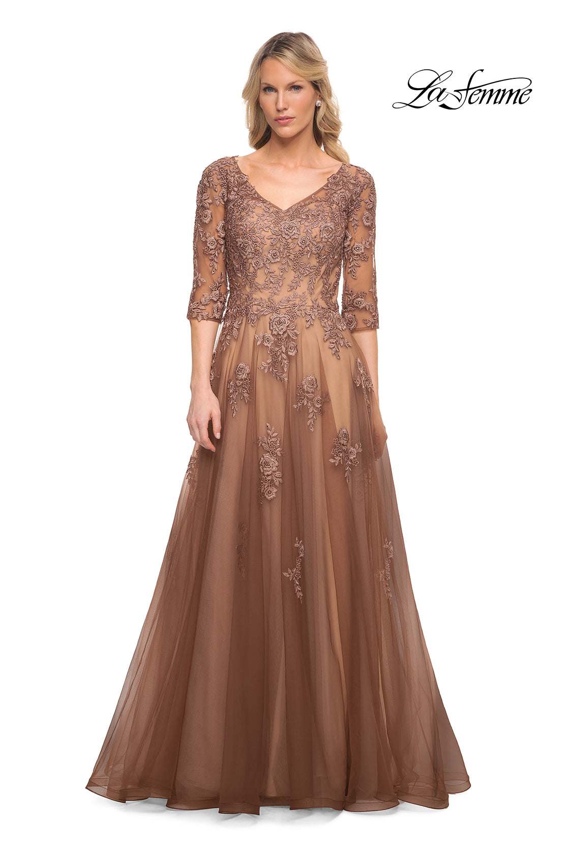Picture of: A-line Tulle Gown with Floral Lace Detail and V-Neck in Cocoa, Style: 27908, Main Picture