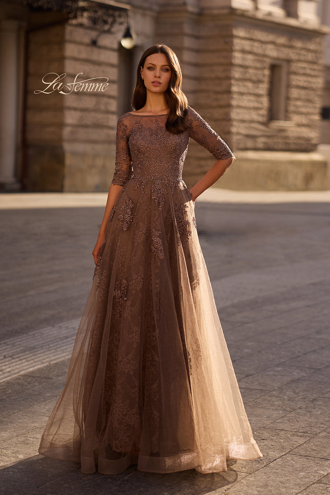 Picture of: Lace and Tulle A-line Gown with Three Quarter Sleeves, Style: 28036, Main Picture