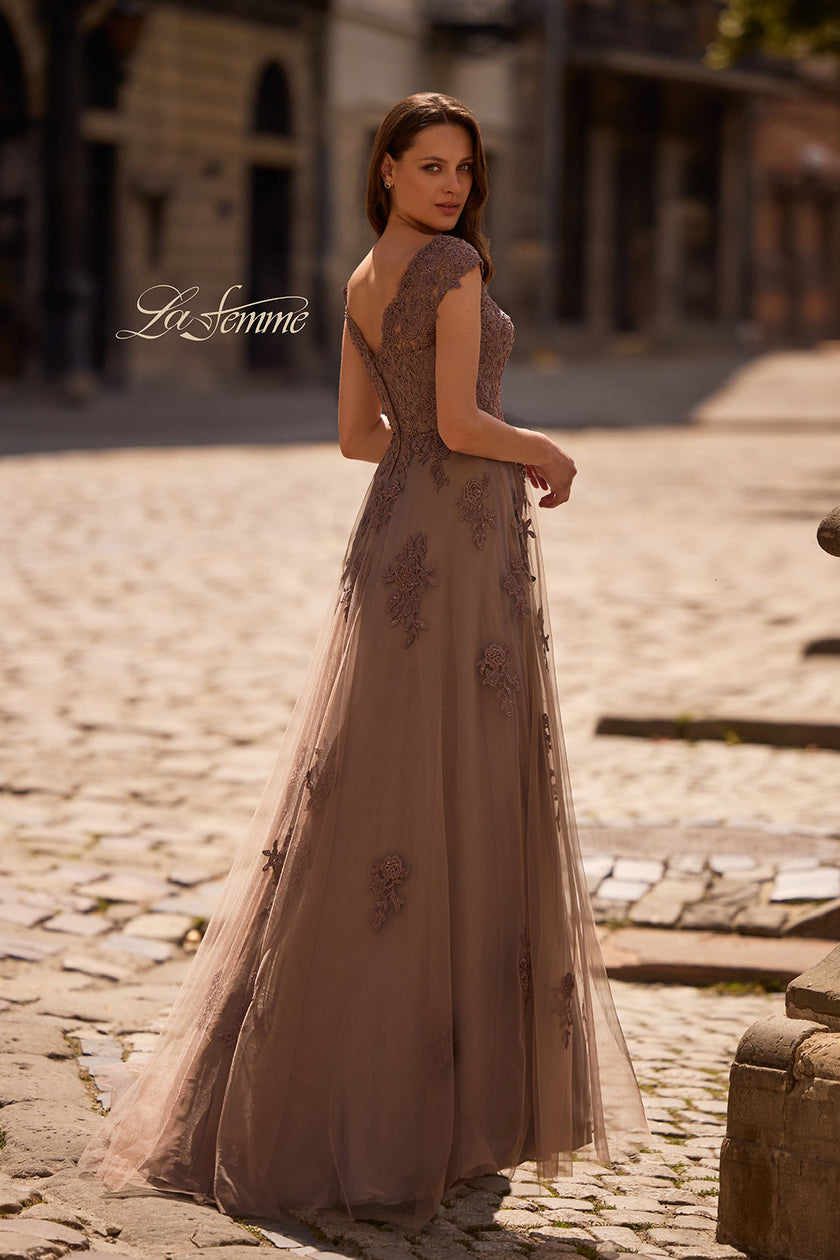 Picture of: Short Sleeve Lace Gown with Cascading Embellishments, Style: 26942, Back Picture