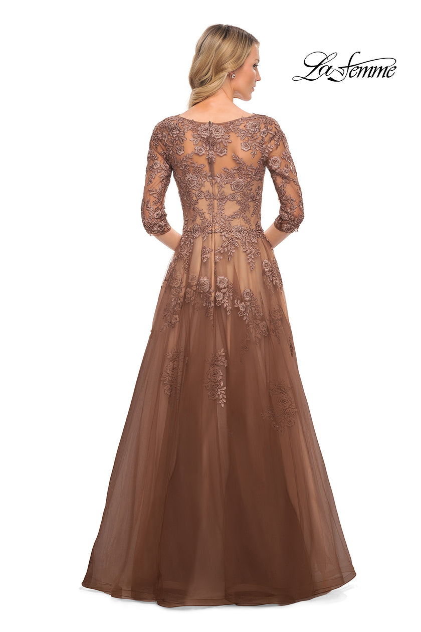 Picture of: A-line Tulle Gown with Floral Lace Detail and V-Neck in Cocoa,Style: 27908, Back Picture