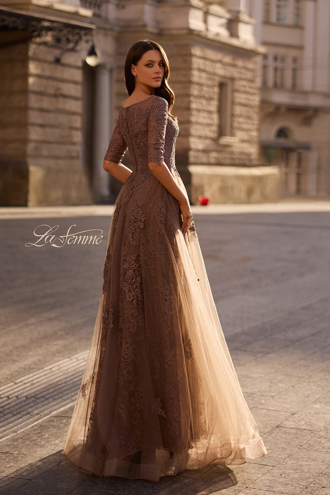 Picture of: Lace and Tulle A-line Gown with Three Quarter Sleeves, Style: 28036, Back Picture