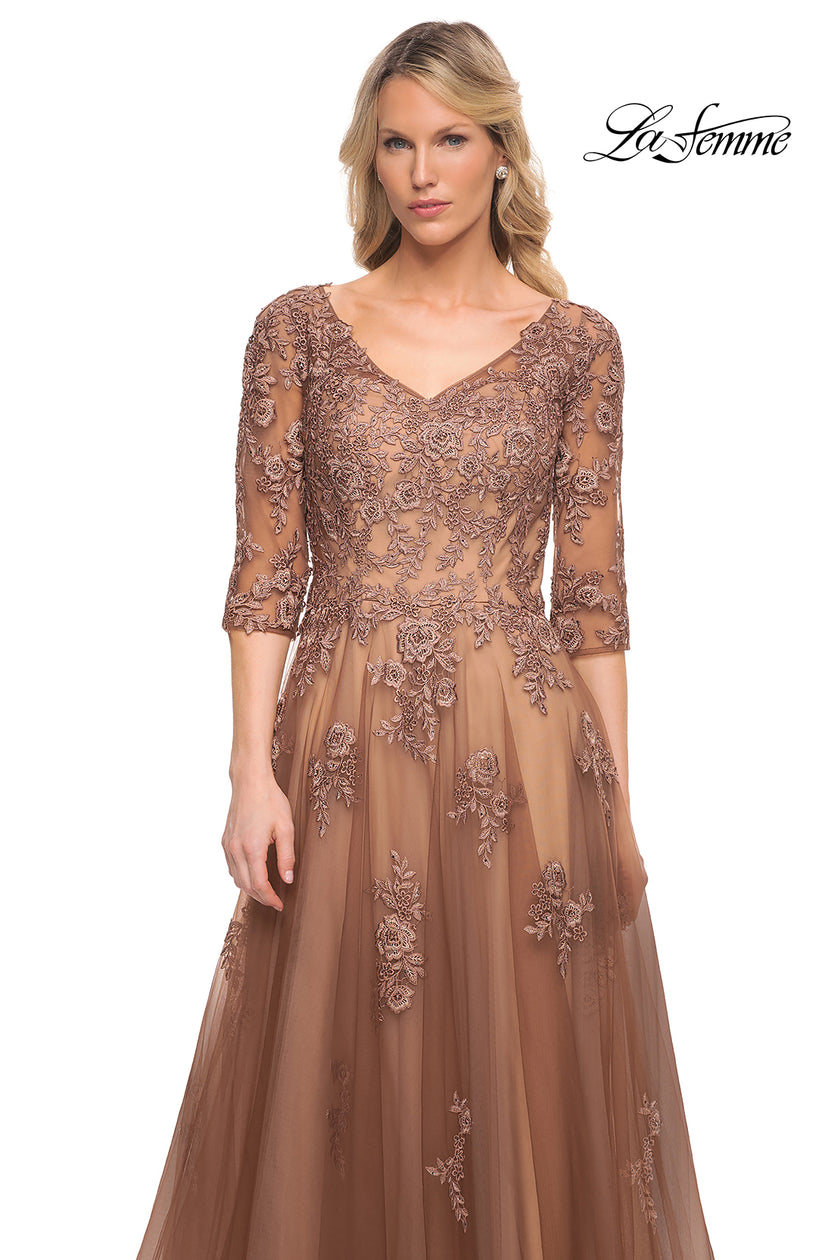Picture of: A-line Tulle Gown with Floral Lace Detail and V-Neck in Cocoa, Style: 27908, Detail Picture 1