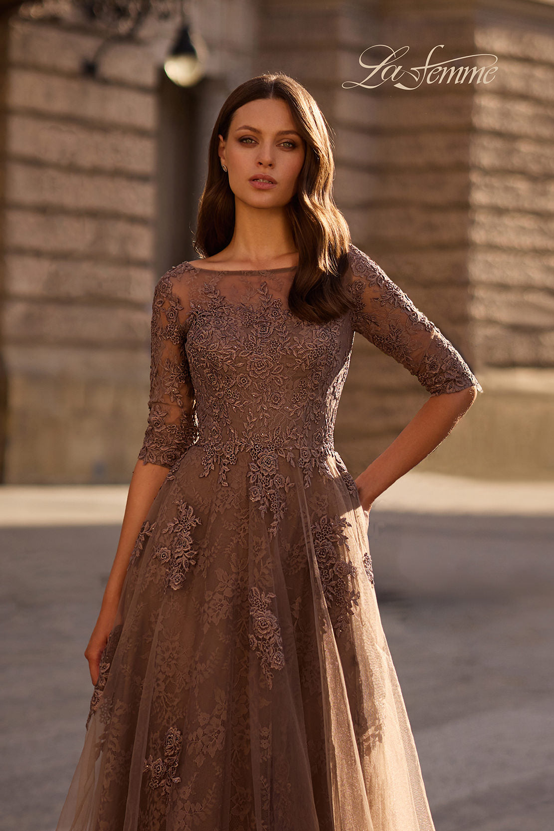 Picture of: Lace and Tulle A-line Gown with Three Quarter Sleeves, Style: 28036, Detail Picture 1