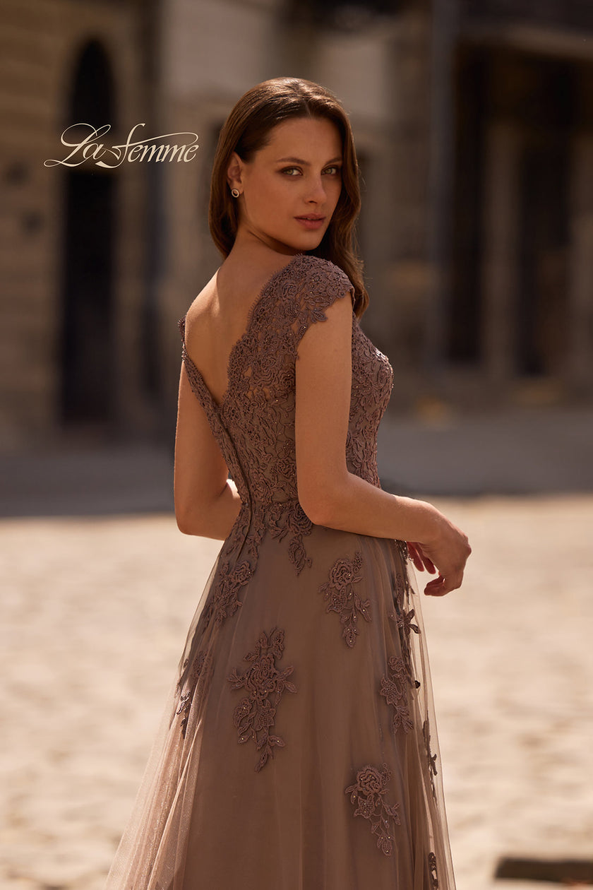 Picture of: Short Sleeve Lace Gown with Cascading Embellishments, Style: 26942, Detail Picture 2