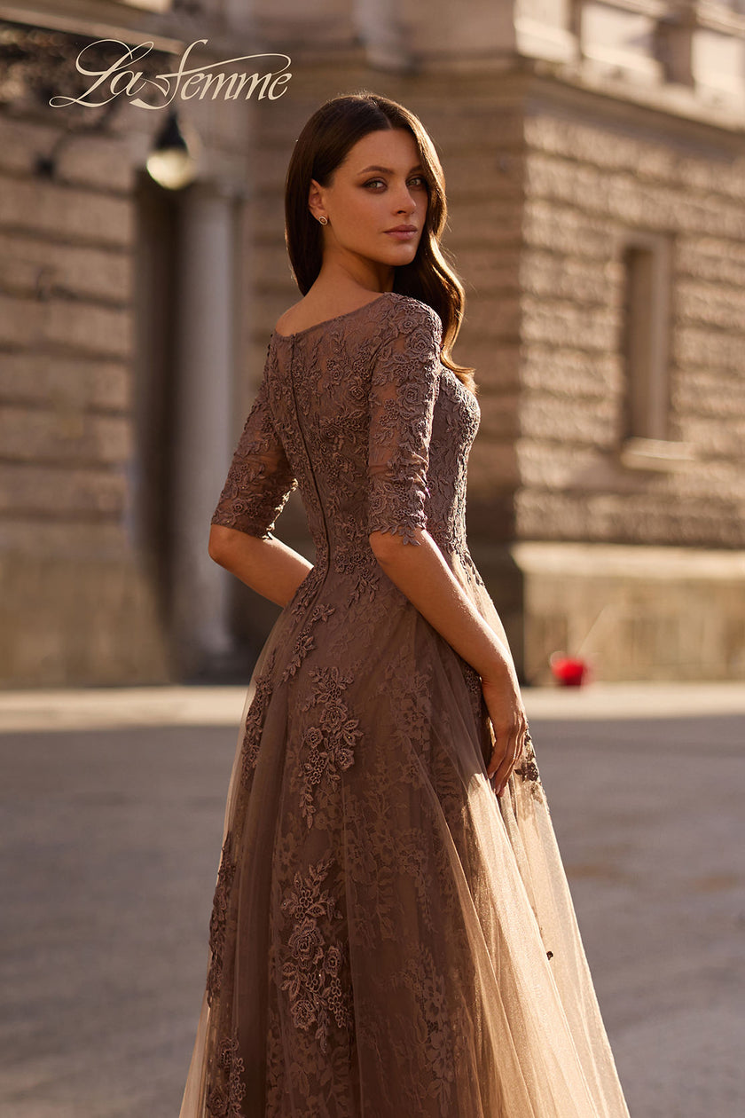 Picture of: Lace and Tulle A-line Gown with Three Quarter Sleeves, Style: 28036, Detail Picture 2