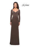 Picture of: Floor Length Jersey Gown with Long Sleeves and Ruching in Cocoa, Style: 25598, Main Picture