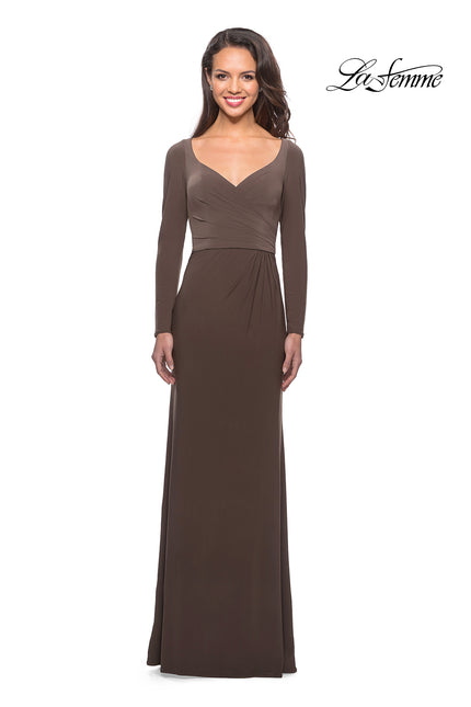 Picture of: Floor Length Jersey Gown with Long Sleeves and Ruching in Cocoa, Style: 25598, Main Picture