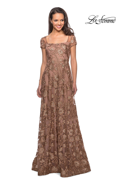 Picture of: Floor Length Short Sleeve Lace Gown in Cocoa, Style: 26582, Main Picture