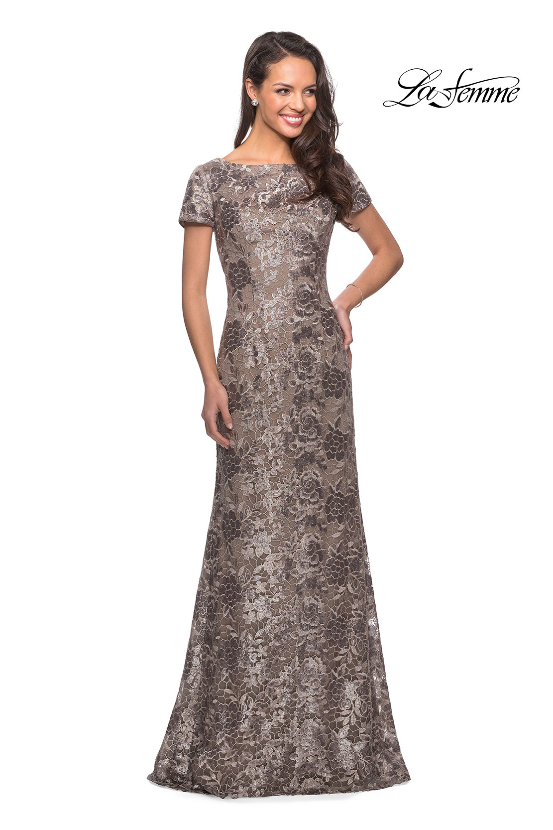 Picture of: Floor Length Short Sleeve Lace Dress in Cocoa, Style: 27884, Main Picture
