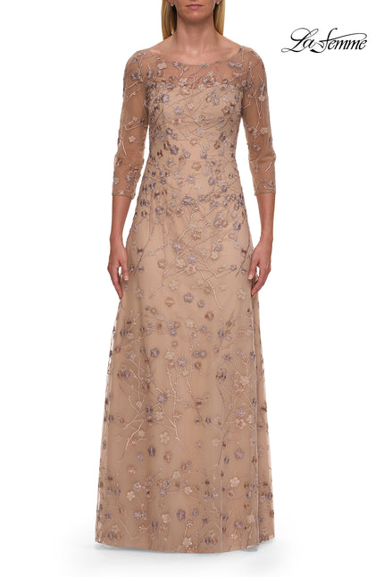 Picture of: Floral Three Quarter Sleeve Dress with Sheer Neckline in Cocoa, Style: 31642, Main Picture