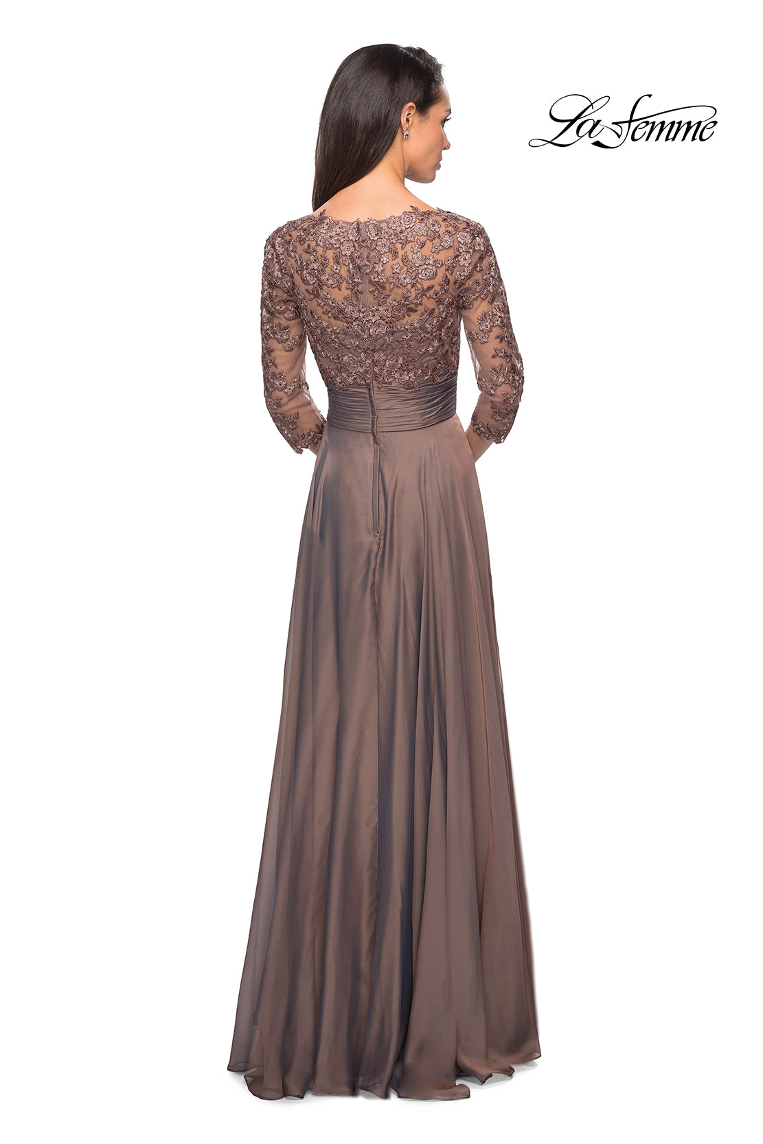 Picture of: Floor Length Chiffon Dress with Lace Sleeves in Cocoa, Style: 27153, Detail Picture 8