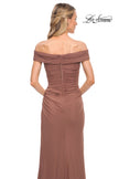 Picture of: Ruched Off the Shoulder Net Jersey Evening Dress in Cocoa, Detail Picture 10