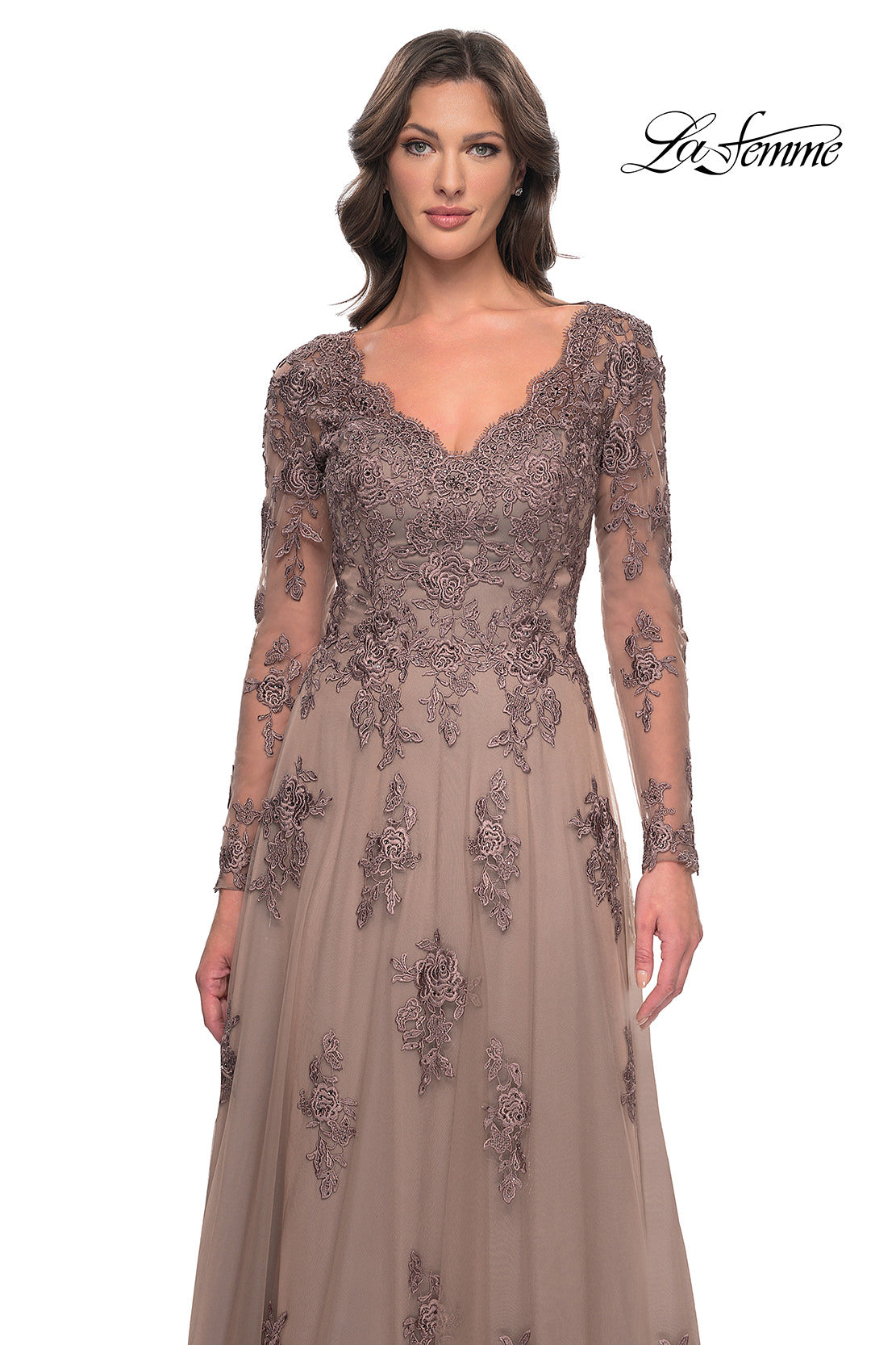 Picture of: Long Sleeve Lace and Tulle Dress with V Neckline in Cocoa, Style: 30795, Detail Picture 11