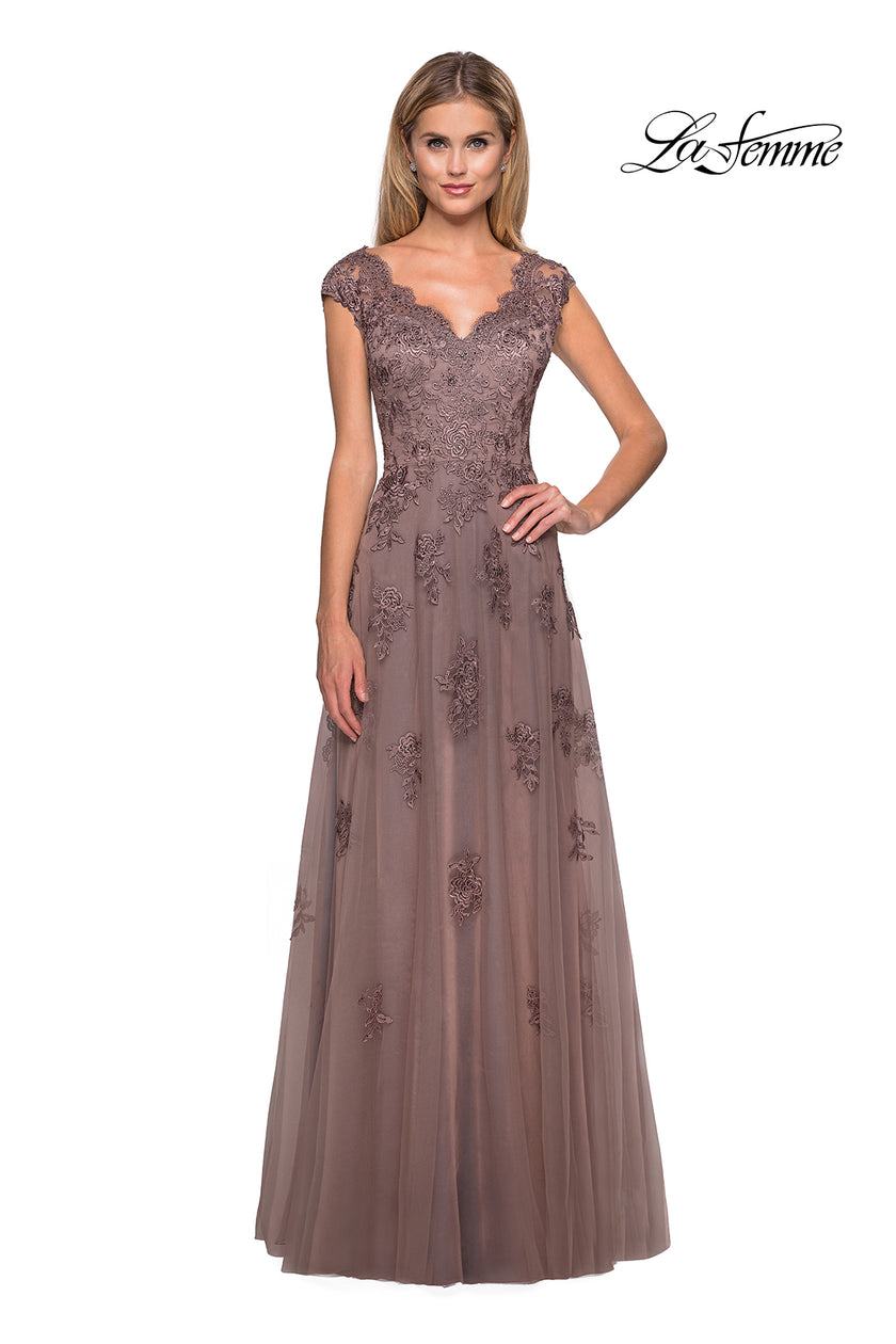 Picture of: Short Sleeve Lace Gown with Cascading Embellishments, Style: 26942, Detail Picture 12