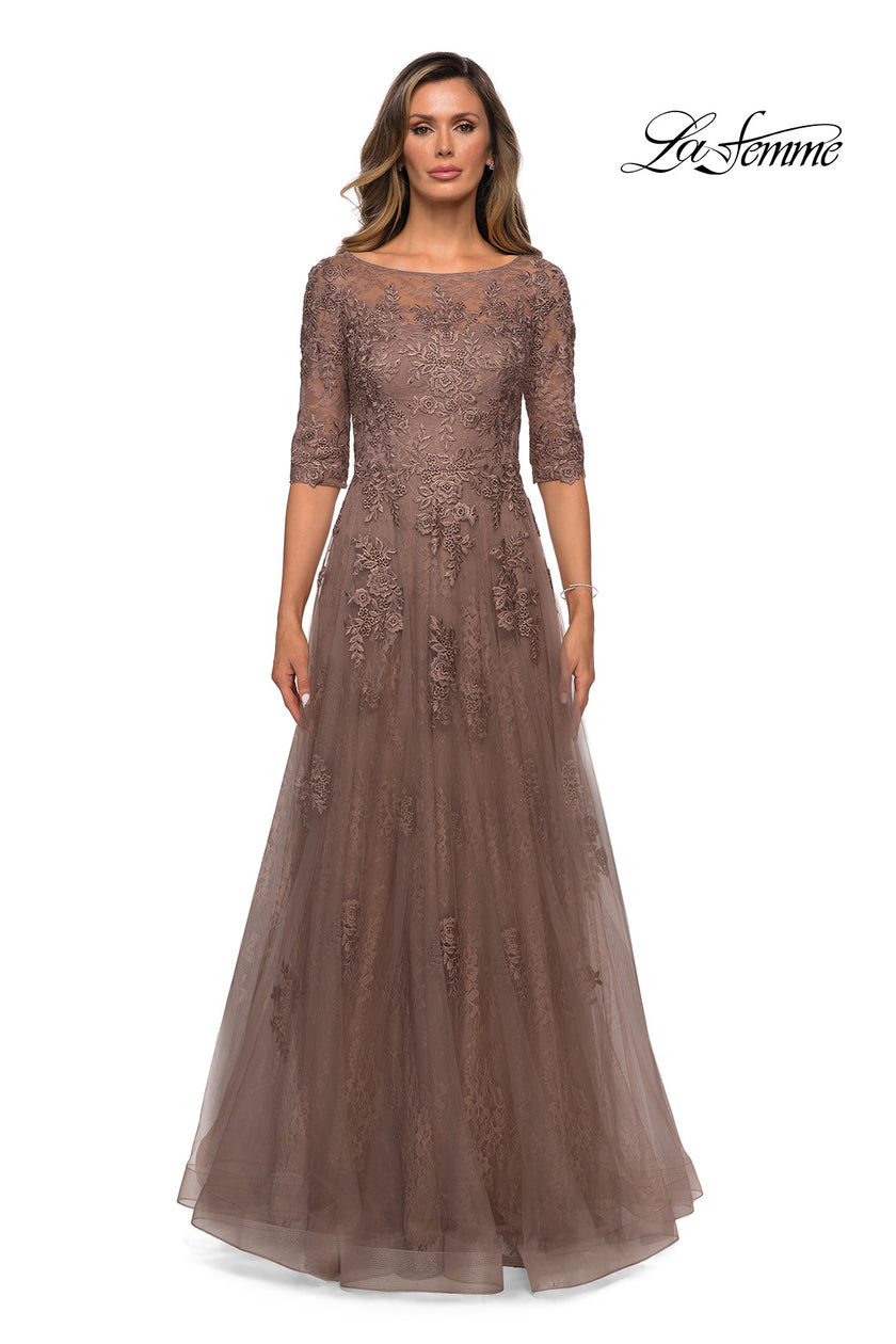 Picture of: Lace and Tulle A-line Gown with Three Quarter Sleeves, Style: 28036, Detail Picture 13