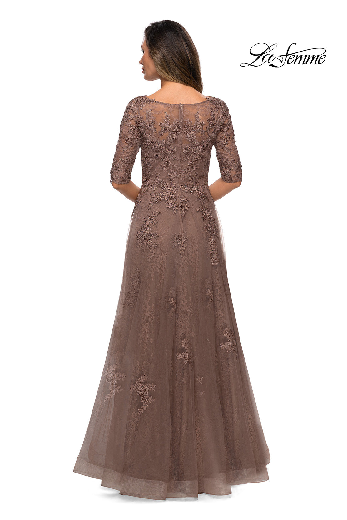 Picture of: Lace and Tulle A-line Gown with Three Quarter Sleeves, Style: 28036, Detail Picture 14
