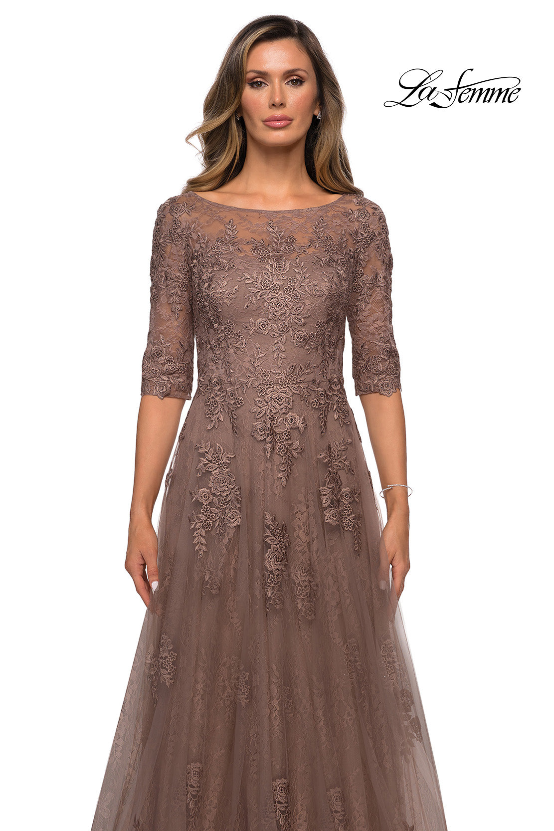 Picture of: Lace and Tulle A-line Gown with Three Quarter Sleeves, Style: 28036, Detail Picture 15