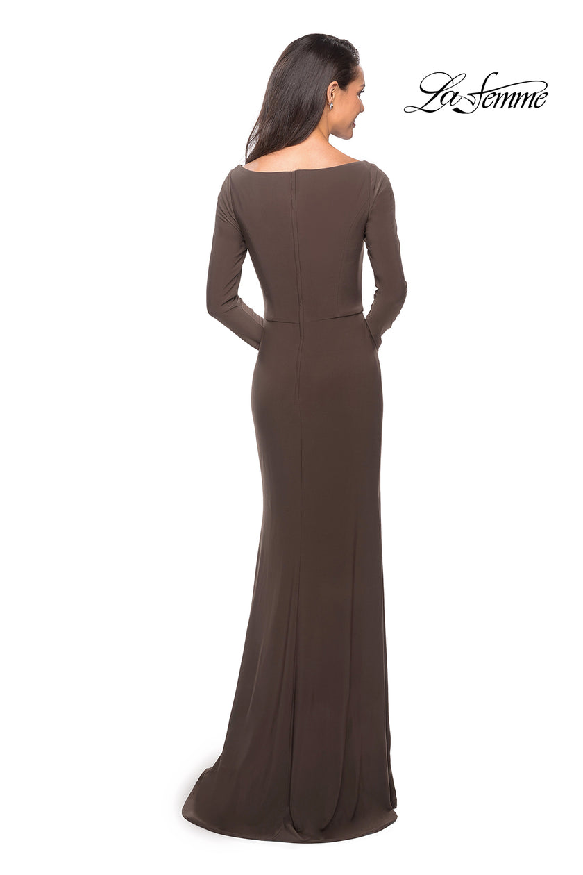 Picture of: Floor Length Jersey Gown with Long Sleeves and Ruching in Cocoa, Style: 25598, Back Picture