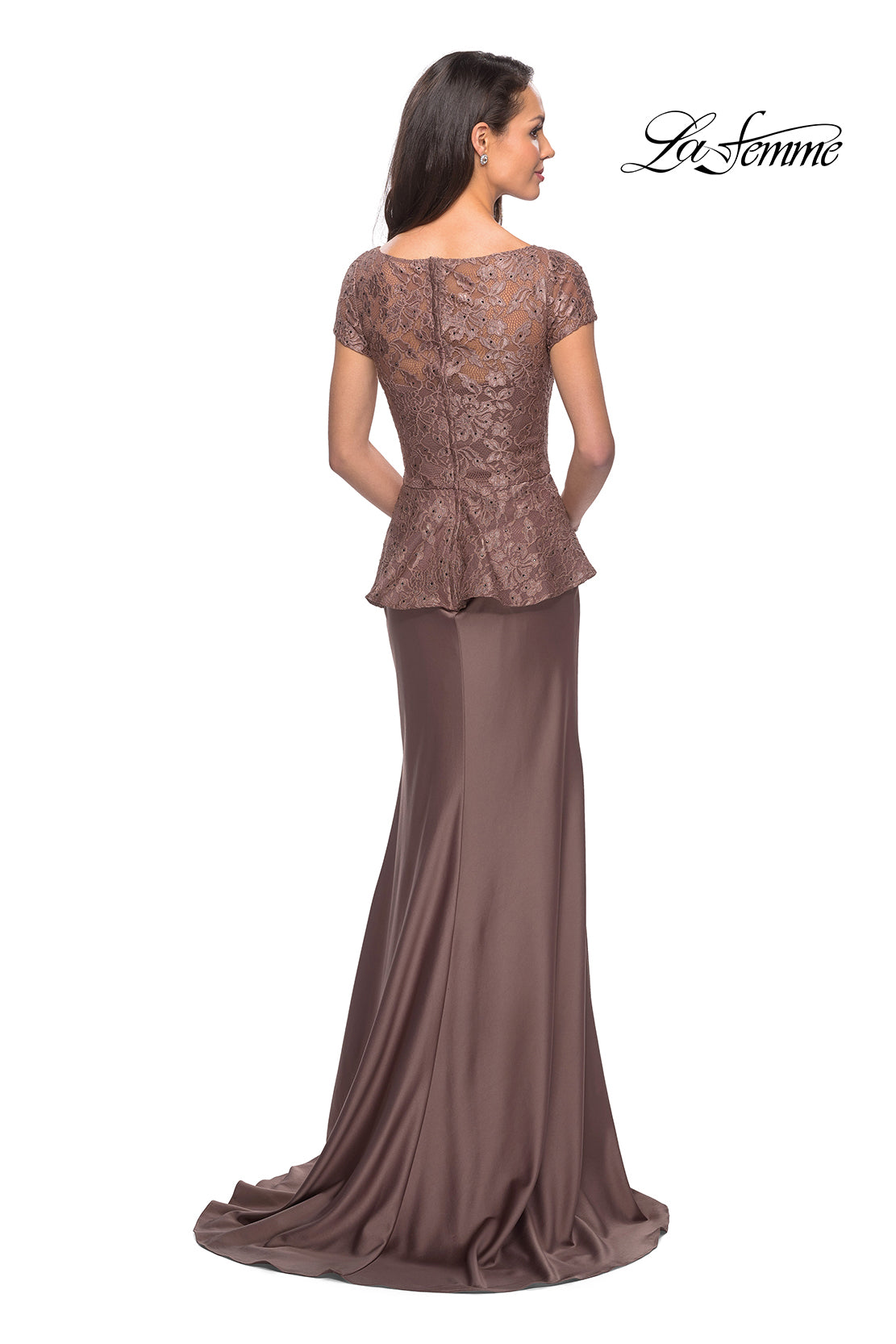 Picture of: Long Satin Dress with Lace Peplum Style Bodice in Cocoa, Style: 25887, Back Picture