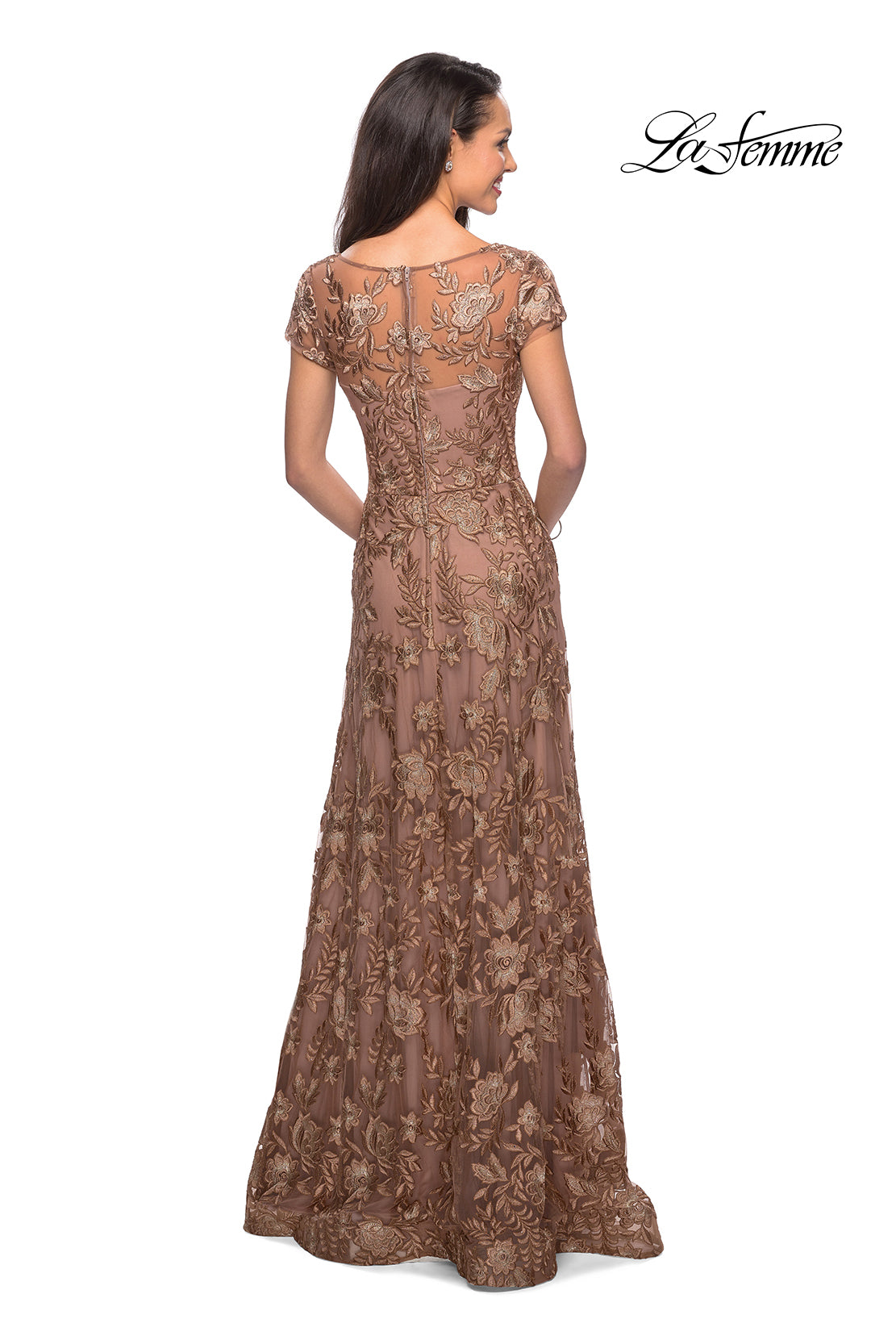 Picture of: Floor Length Short Sleeve Lace Gown in Cocoa, Style: 26582, Back Picture