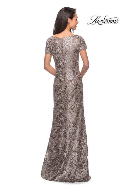 Picture of: Floor Length Short Sleeve Lace Dress in Cocoa, Style: 27884, Back Picture