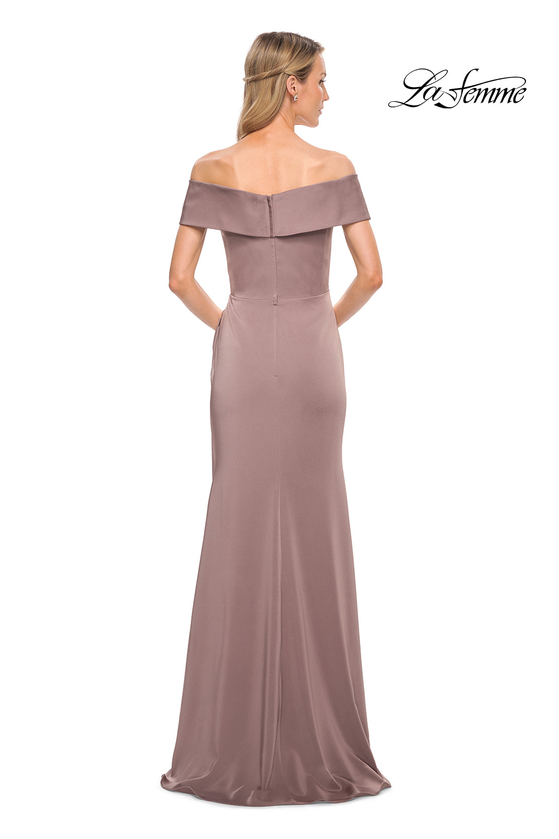 Picture of: Off the Shoulder Fitted Satin Long Gown in Brown, Style: 30397, Back Picture