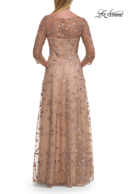 Picture of: Floral Three Quarter Sleeve Dress with Sheer Neckline in Cocoa, Style: 31642, Back Picture