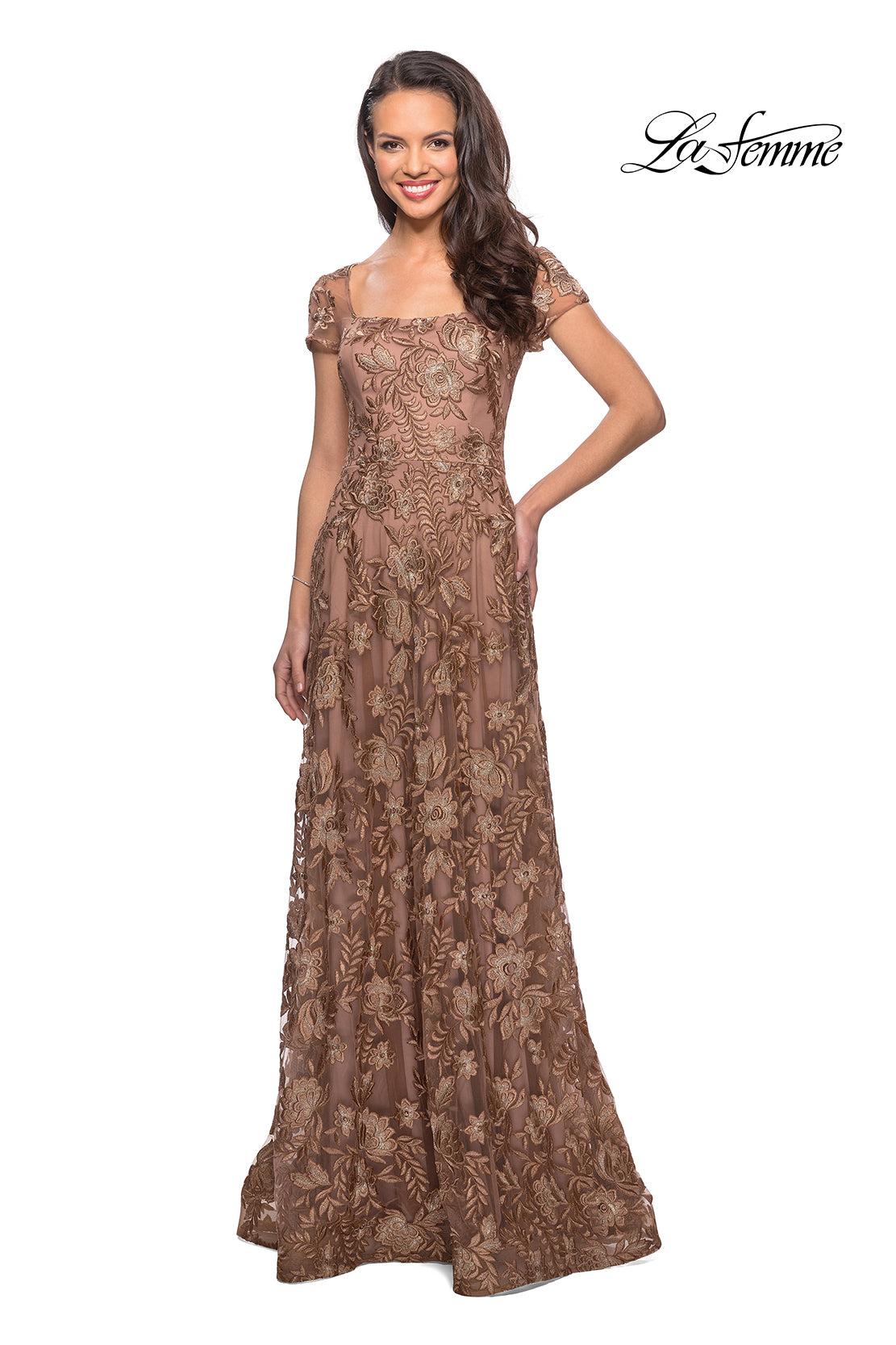 Picture of: Floor Length Short Sleeve Lace Gown in Cocoa, Style: 26582, Detail Picture 1