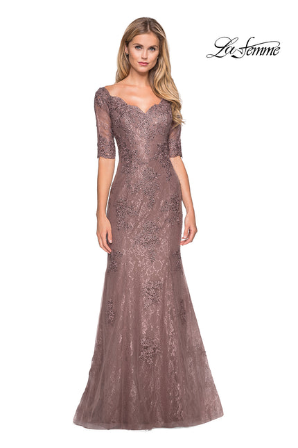 Picture of: Floor Length Lace Dress with Rhinestone Accents in Cocoa, Style: 26943, Detail Picture 1