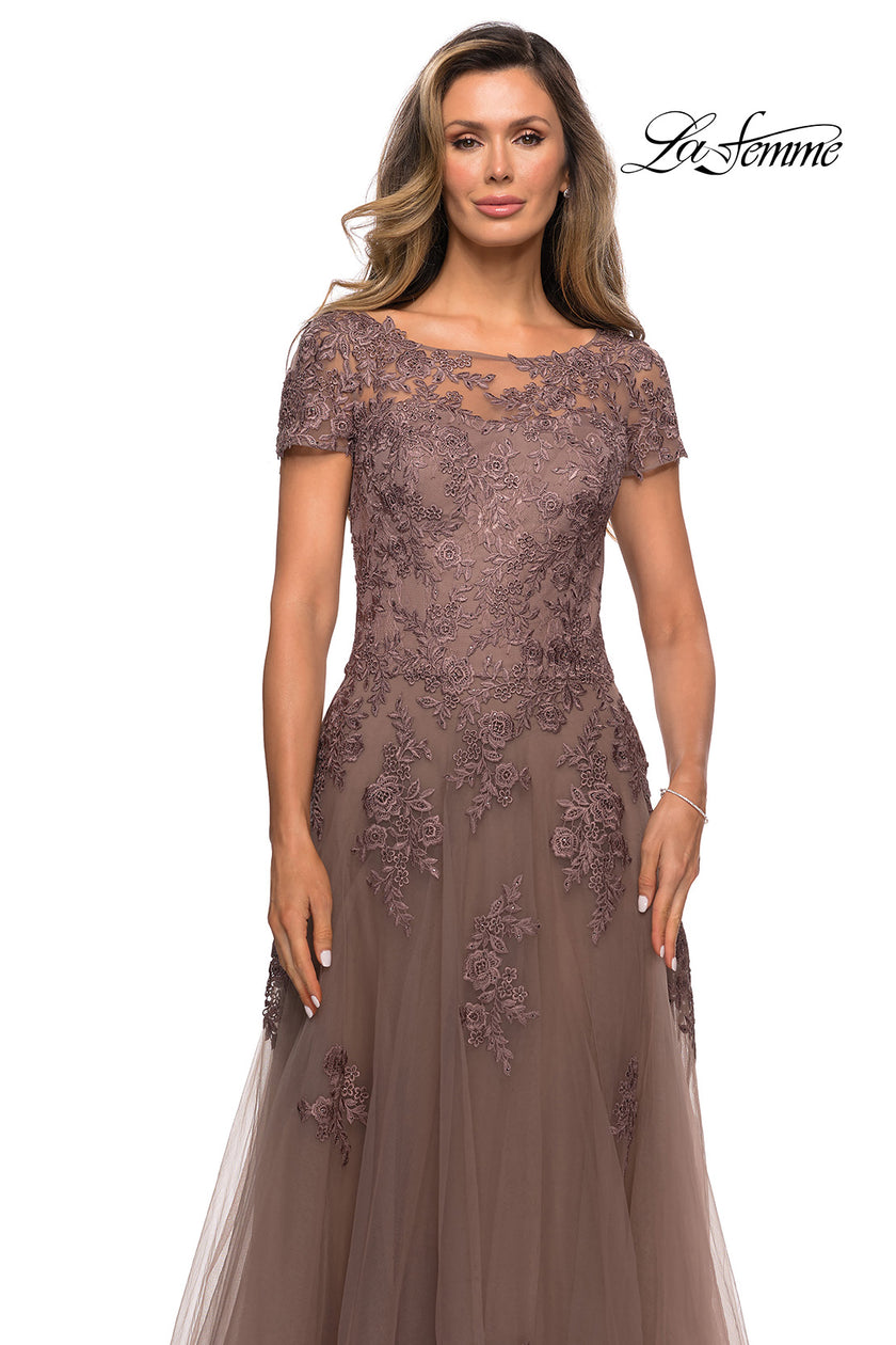 Picture of: A-line Formal Gown with Floral Lace Appliques in Cocoa, Style: 27958, Detail Picture 1