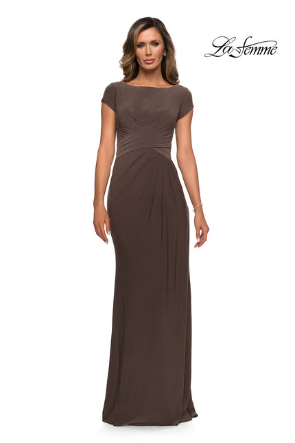 Picture of: Floor Length Jersey Evening Gown with Cap Sleeves in Cocoa, Style: 28026, Detail Picture 1