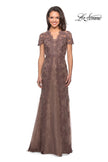 Picture of: Long Lace Evening Dress with Scallop Detailing and Rhinestones in Cocoa, Style: 28195, Detail Picture 1