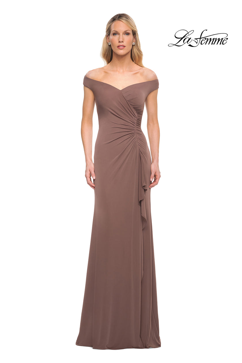 Picture of: Off the Shoulder Ruched Jersey Gown in Cocoa, Detail Picture 1