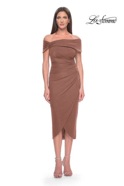 Picture of: Tea Length Fitted Jersey Ruched Off the Shoulder Dress in Cocoa, Style: 30109, Detail Picture 1