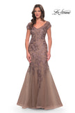 Picture of: Lace and Tulle Mermaid Gown with Cap Sleeves in Cocoa, Style: 30269, Detail Picture 1