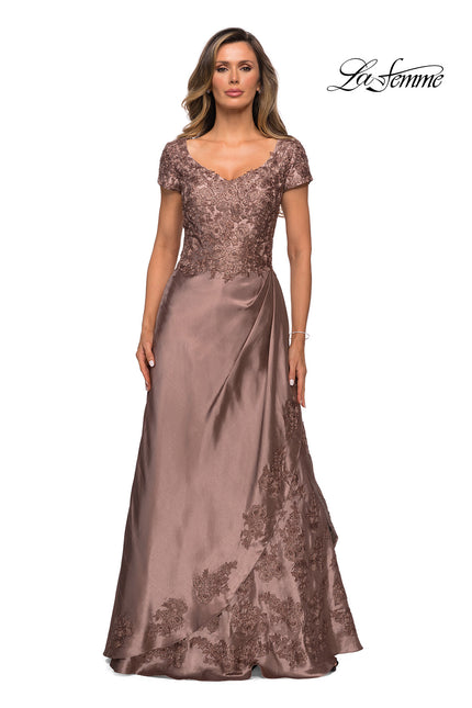 Picture of: V-neck Jersey Floor Length Gown with Short Sleeves in Cocoa, Style: 27033, Detail Picture 2