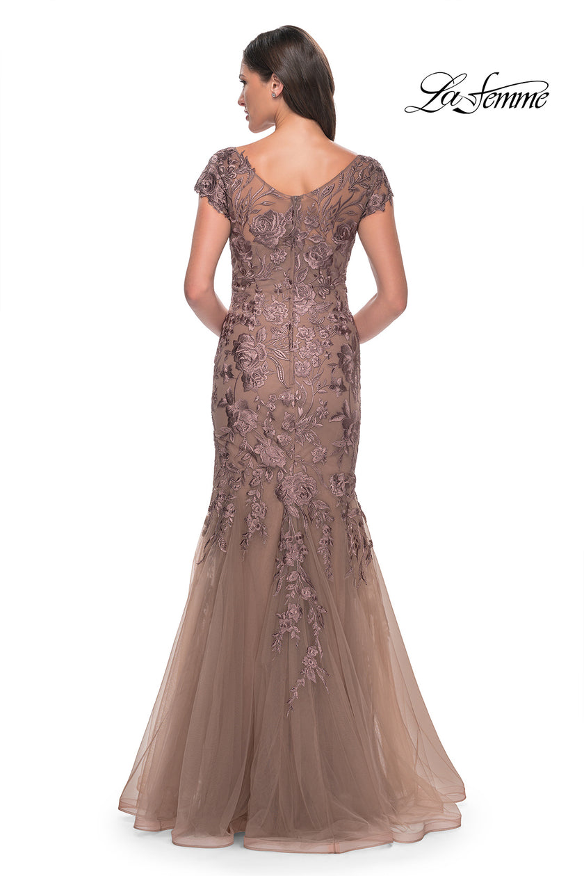 Picture of: Lace and Tulle Mermaid Gown with Cap Sleeves in Cocoa, Style: 30269, Detail Picture 2