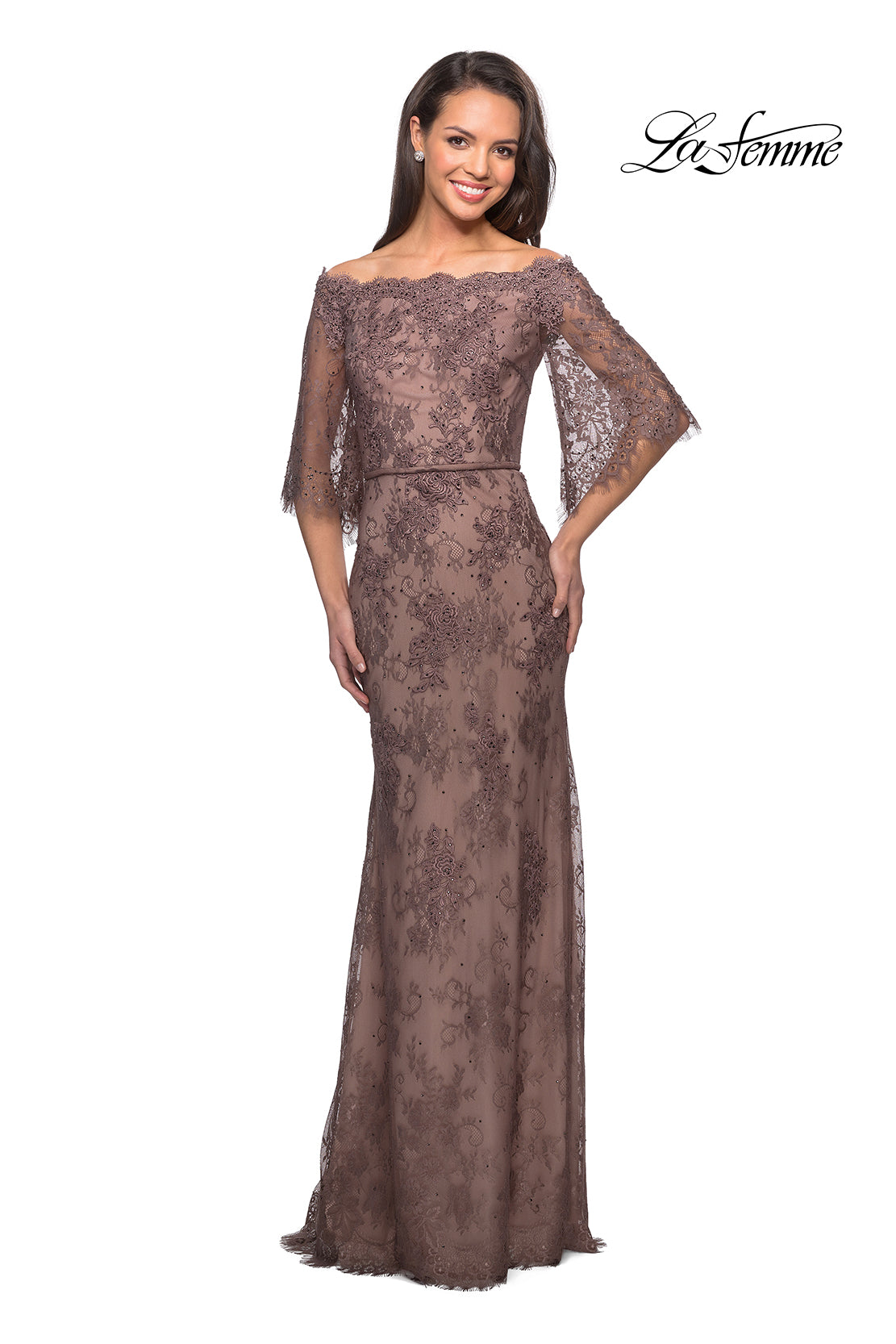 Picture of: Long Lace Gown with Off the Shoulder Flare Sleeves in Cocoa, Style: 25317, Detail Picture 3