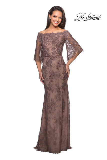 Picture of: Long Lace Gown with Off the Shoulder Flare Sleeves in Cocoa, Style: 25317, Detail Picture 3
