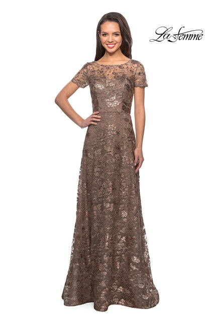 Picture of: Short Sleeve Long Sequin Dress with Sheer Neckline in Cocoa, Style: 27839, Detail Picture 3
