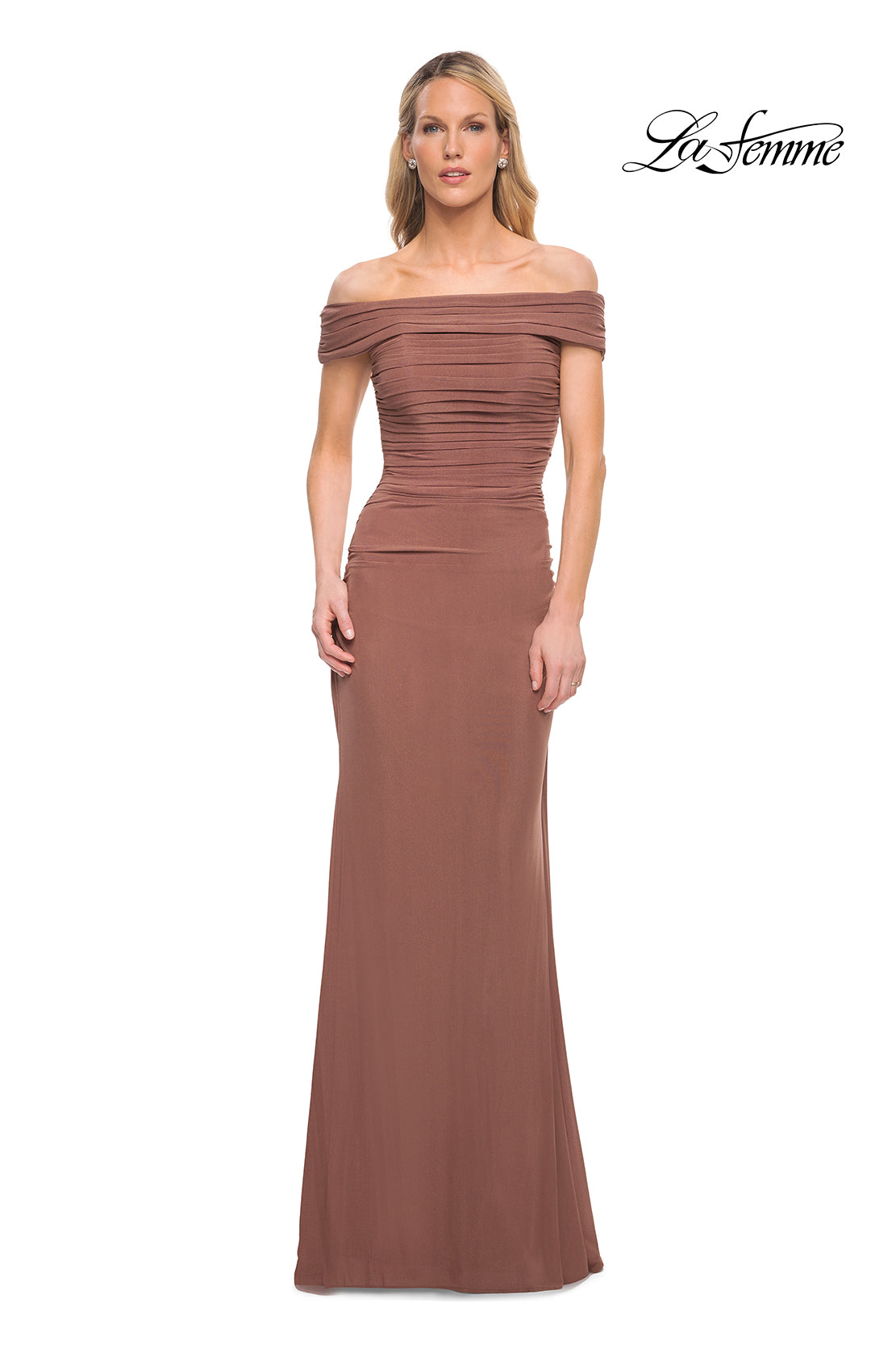 Picture of: Ruched Off the Shoulder Net Jersey Evening Dress in Cocoa, Detail Picture 3