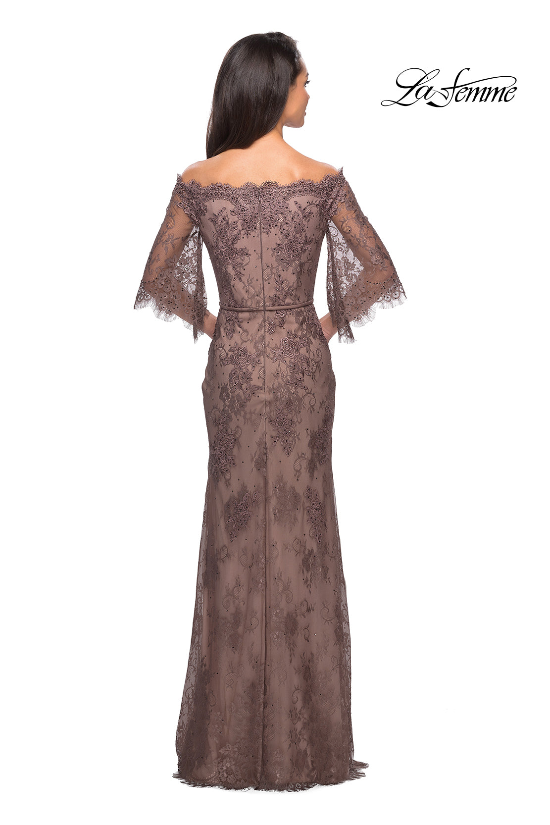 Picture of: Long Lace Gown with Off the Shoulder Flare Sleeves in Cocoa, Style: 25317, Detail Picture 4