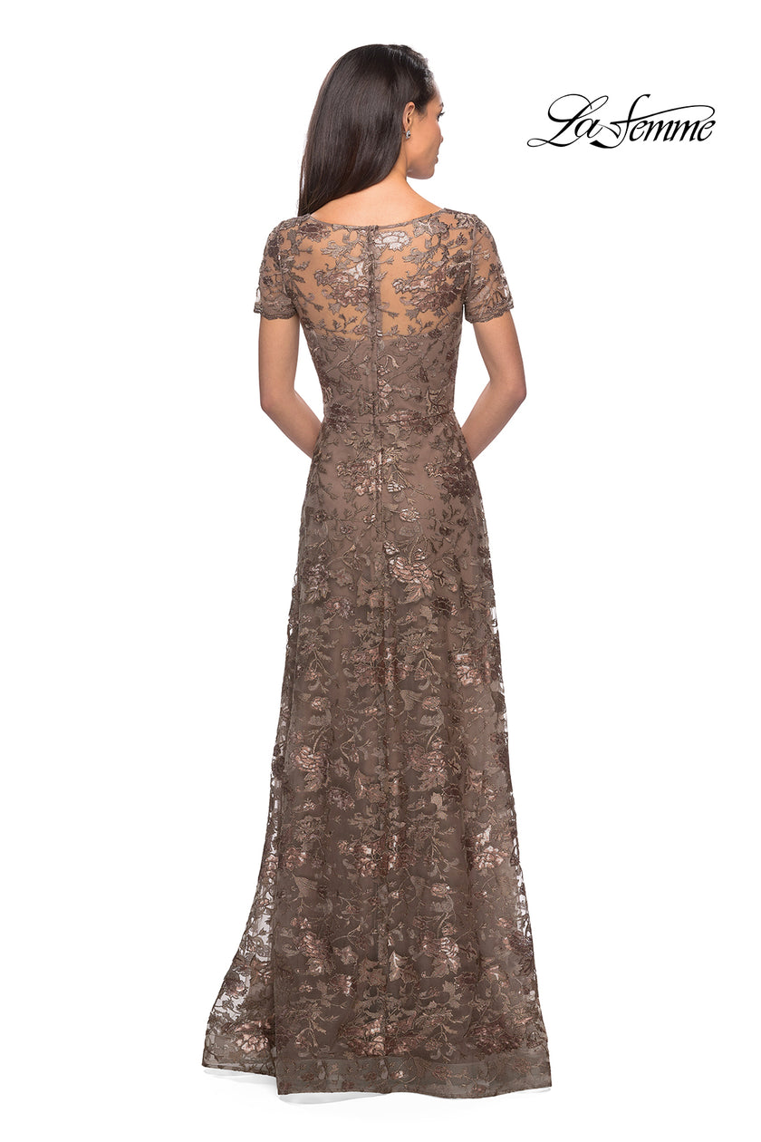 Picture of: Short Sleeve Long Sequin Dress with Sheer Neckline in Cocoa, Style: 27839, Detail Picture 4