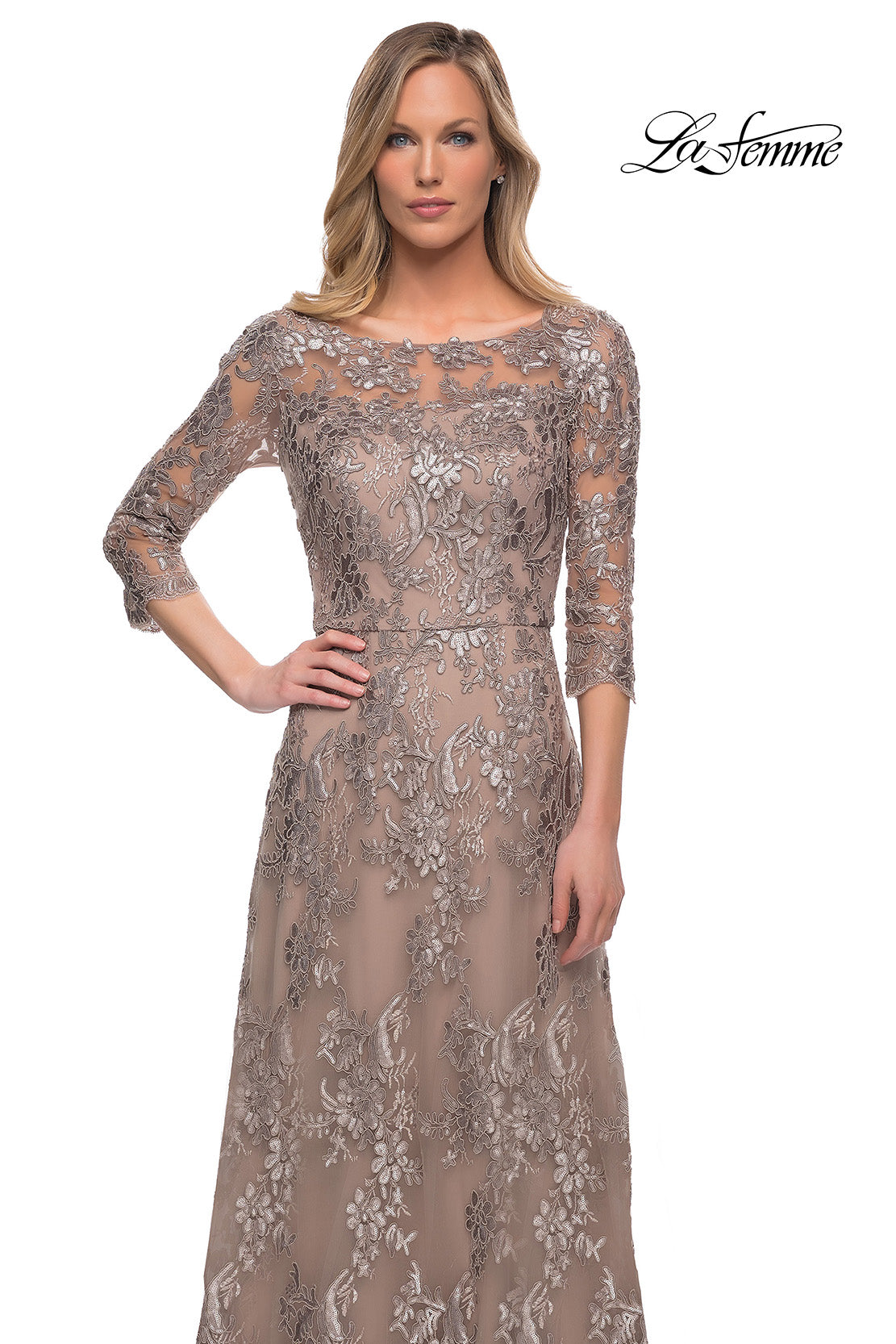 Picture of: Long Lace Dress with Sequins and Sheer 3/4 Sleeves in Cocoa, Detail Picture 4