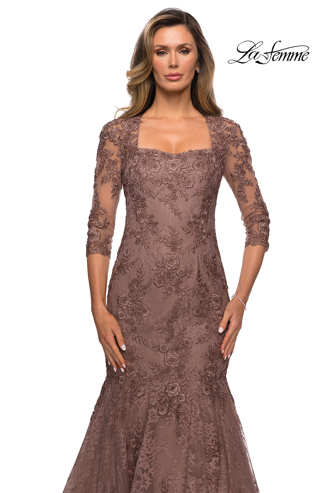 Picture of: Long Lace Mermaid Gown with Square Neckline in Cocoa, Style: 28033, Detail Picture 4